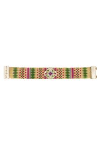 Gold-tone bracelet with a multicolored woven band featuring pink, green, and purple accents, and a decorative clasp at the center.