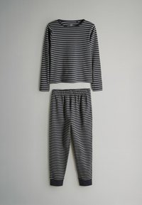 Marineblauw en witte gestreepte langslavend top en bijpassende broek van zachte, lichte stof. Elastische tailleband op de broek met geribbelde manchetten.