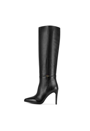 Schwarze kniehohe Stiefel aus Leder mit schlankem Design, spitzer Zehenpartie, hohem Absatz und goldfarbenen Metallakzenten am Schaft. Gleichmäßige, glatte Oberfläche.