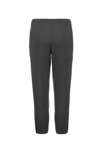 Grijze sportbroek van gladde stof, met een elastische tailleband, taps toelopende benen en zijsplitten bij de enkels voor extra comfort.