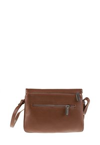 Borsa a tracolla in pelle marrone con finitura testurizzata, dotata di una tasca con zip sul davanti e una tracolla regolabile.