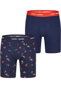 Twee paar herenboxers: één effen marineblauw met een rode tailleband, de andere met een patroon van feestelijke ontwerpen in groen, rood en wit.