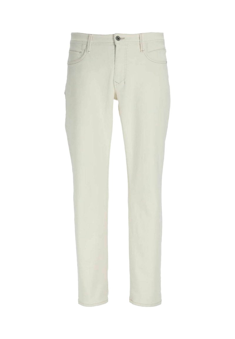 Lichtbeige spijkerbroek van denim, met een slim fit ontwerp, vijf zakken en een knoopsluiting. Soepele textuur met subtiele stiksels.