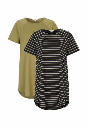 To korte hverdagskjoler med korte ærmer, en ensfarvet olivengrøn og en sort med beige horisontale striber, vist på en hvid baggrund.