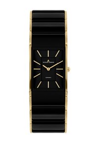 Sort keramisk ur med rektangulært uransigt, guld accenter og markante time-markører, der har et slankt sort rem med polerede led.