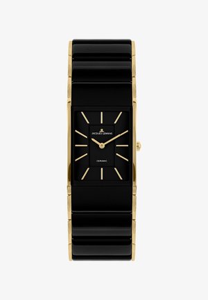 Črn keramični uri s pravokotnim obrazom, zlatimi poudarki in odštevalnimi številkami, ki izstopajo, ter elegantnim črnim trakom s poliranimi povezavami.