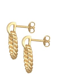 Orecchini ad anello in oro con design a corda attorcigliata, dotati di chiusura a perno sicura e finitura lucida. Forma circolare con dettagli testurizzati.