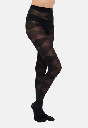Sorte mønstrede strømpebukser med diamantdesign og gjennomsiktig tekstur. Laget av elastisk materiale med høy midje-design.