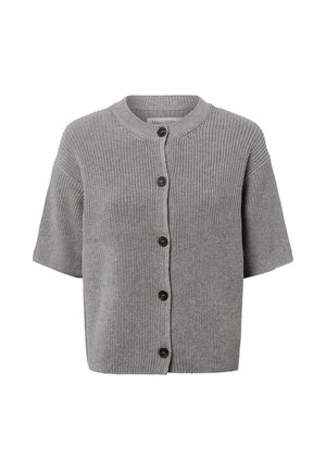 Grey short-sleeve knitted cardigan with round neckline and five dark buttons down the front.