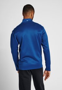 Blue long-sleeve top made of smooth, lightweight material with a collar. Features white accents on the shoulders. Rear view, plain background.