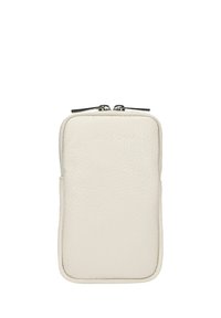 Pochette per telefono in pelle bianca con superficie testurizzata, chiusura con zip e design minimalista. Presenta una piccola tasca laterale.
