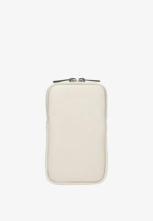 Weiße Handyhülle aus Leder mit strukturierter Oberfläche, Reißverschluss und minimalistischem Design. Verfügt über eine kleine Seitentasche.