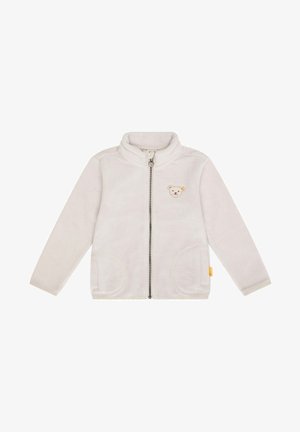 Polarowa kurtka na zamek w jasnoszarym kolorze z emblematem niedźwiedzia na piersi, zaokrąglonym kołnierzem, dwoma przednimi kieszeniami i miękką teksturą.