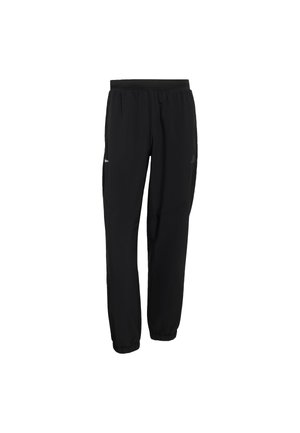 Czarne spodnie sportowe wykonane z lekkiego, gładkiego materiału. Posiadają elastyczny pas, mankiety u dołu oraz boczne kieszenie na zamki.