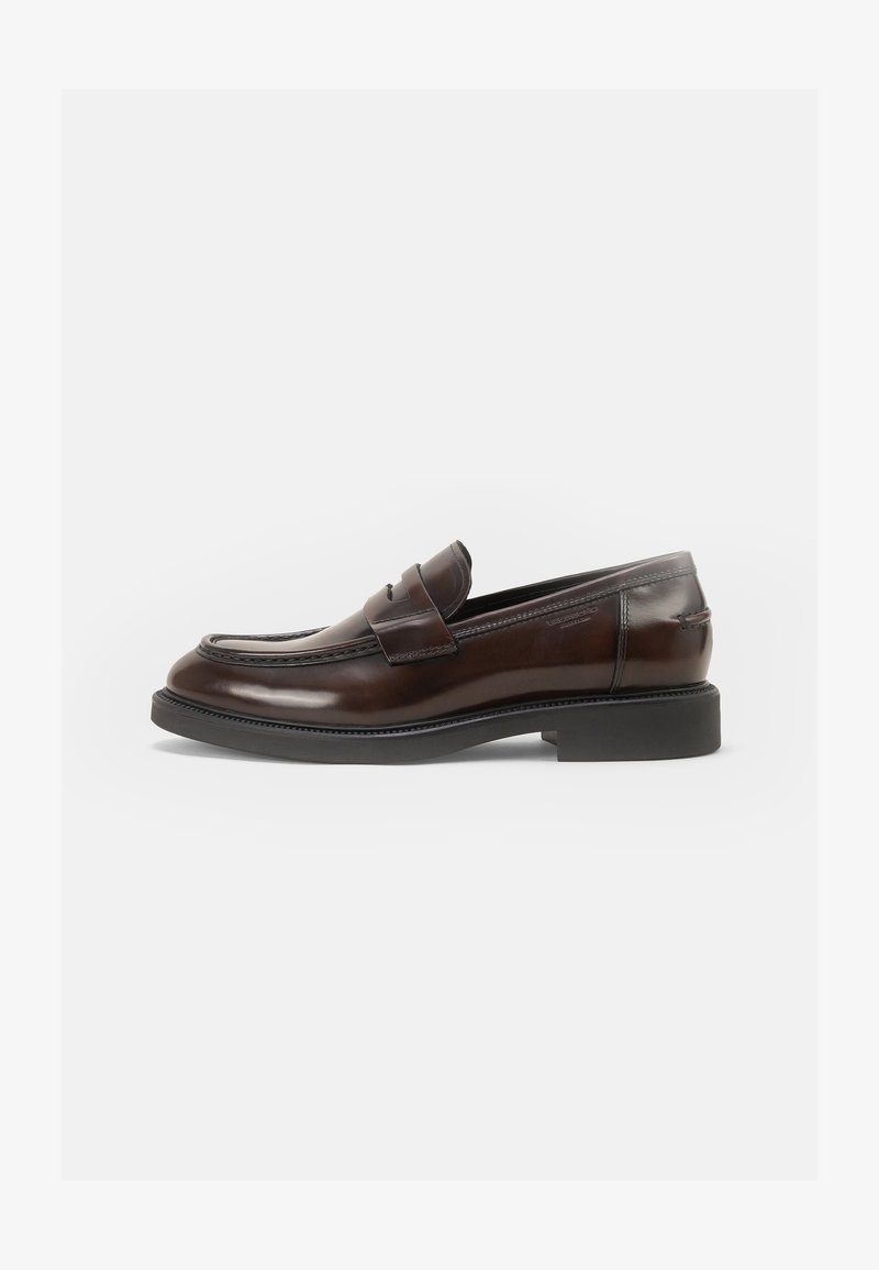Men’s dark brown leather loafer with black sole, penny strap, and stitching detail along the upper edge.