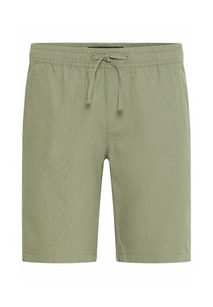 Pantalones cortos de color verde claro, hechos de una tela suave. Presenta una cintura elástica con cordón ajustable. Corte recto con dobladillos cosidos y bolsillos laterales.