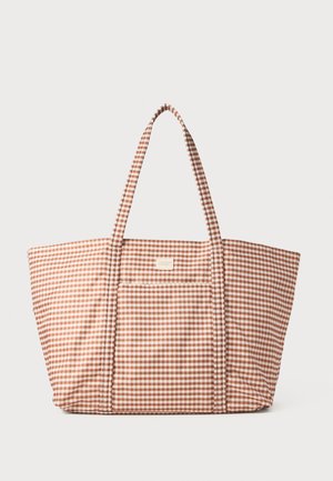 Gingham-patterned tote bag in brown tones, featuring a spacious central compartment, two handles, and a front pocket with label.