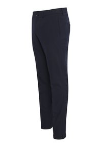 Tamsiai mėlynos kelnės iš lygaus audinio, tiesios kojos dizaino, su standartiniu užsegimu mygtuku ir šoniniais kišenėmis funkcionalumui.