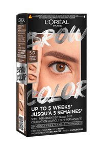 L'emballage du kit de couleur pour sourcils L'Oréal Paris présente une boîte noire avec du texte argenté et blanc, mettant en avant les avantages "Brunette" et "Sans Ammoniaque".