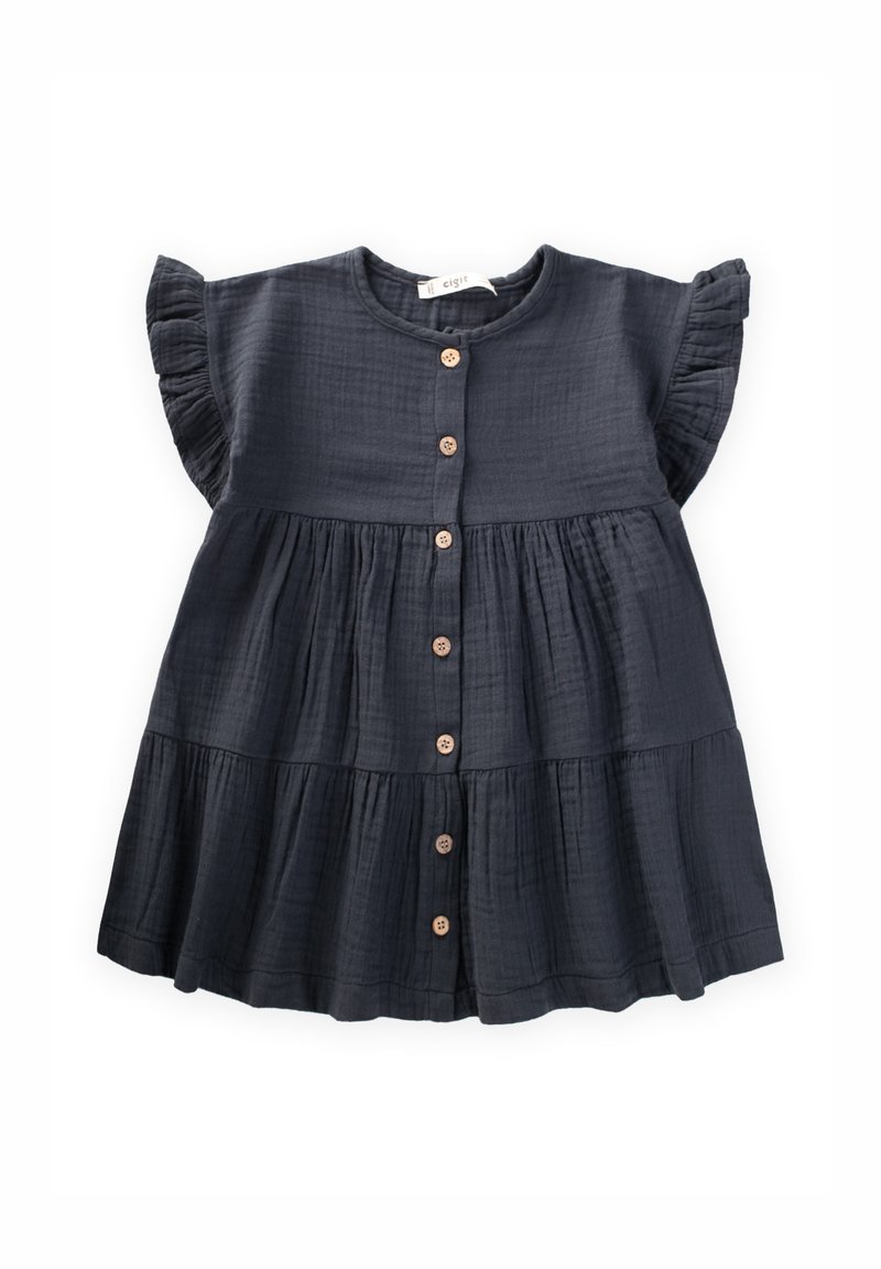 Navyblaue Baumwollkleid mit schwingenden Ärmeln, einer Knopfleiste und einem gestuften Saum. Verfügt über natürliche Holzknöpfe und einen strukturierten Stoff.