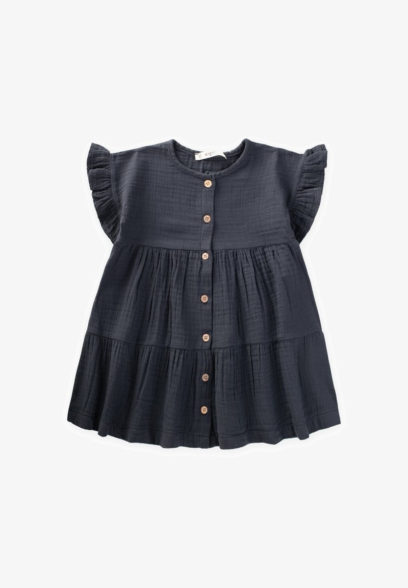 Navyblaue Baumwollkleid mit schwingenden Ärmeln, einer Knopfleiste und einem gestuften Saum. Verfügt über natürliche Holzknöpfe und einen strukturierten Stoff.