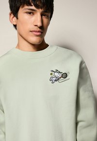 Hellgrüner Sweatshirt aus weichem Material, mit einem gestickten Cartoon-Hund, der Tennis spielt. Gerippter Ausschnitt und Bündchen.