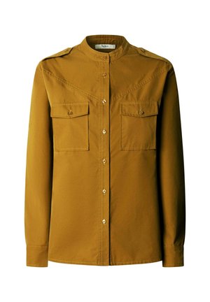 Langärmliges Hemd aus senfgelber Baumwolle mit Knöpfen. Verfügt über zwei Brusttaschen, goldfarbene Knöpfe und einen Stehkragen mit Schulterklappen.