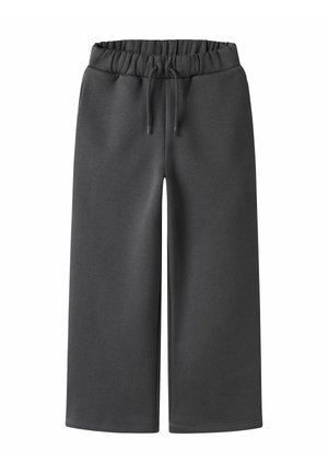 Pantalons de survêtement gris foncé à jambes larges avec taille élastique et cordon de serrage ajustable, présentés à plat sur fond blanc.