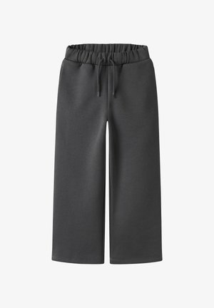Pantalons de survêtement gris foncé à jambes larges avec taille élastique et cordon de serrage ajustable, présentés à plat sur fond blanc.