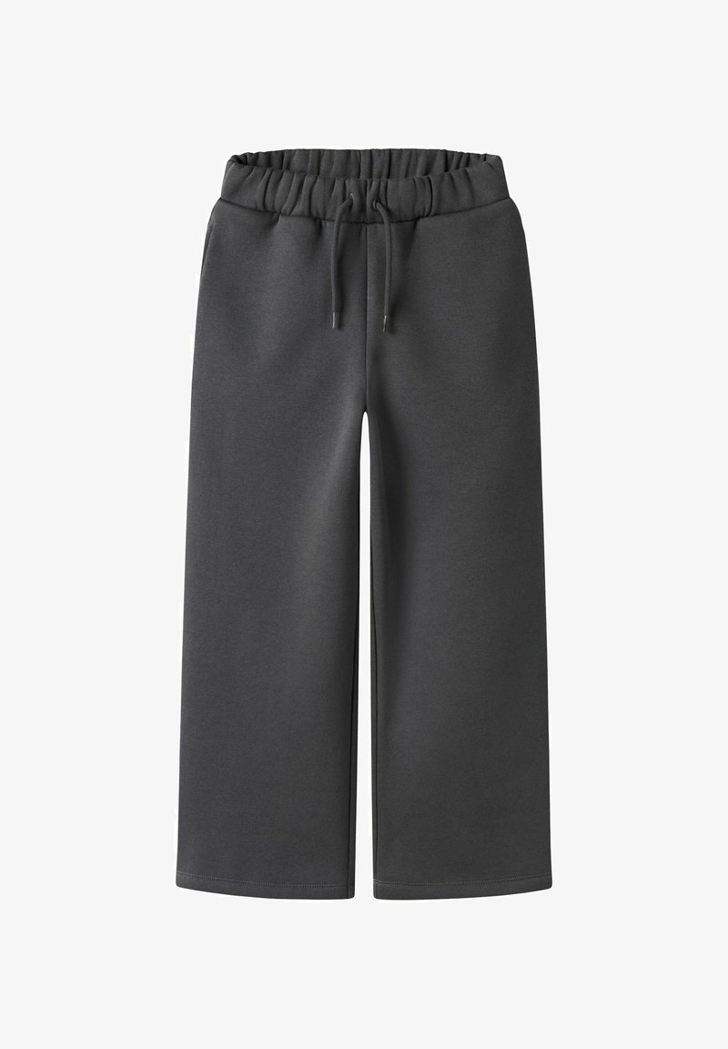 Pantalons de survêtement gris foncé à jambes larges avec taille élastique et cordon de serrage ajustable, présentés à plat sur fond blanc.