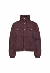 Giubbotto imbottito bordeaux con colletto alto, bottoni a pressione argentati, due tasche frontali e polsini elasticizzati per una vestibilità aderente. Materiale leggero.