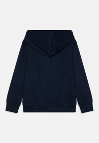 Navy blue hoodie with a soft texture, featuring a drawstring hood, ribbed cuffs, and hem. Simple, unadorned design with no visible logos.