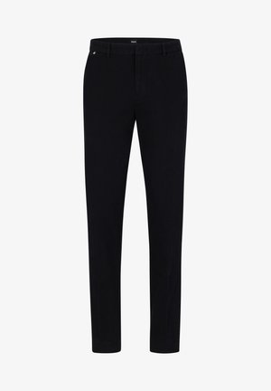 Zwarte broek van een gladde stof, met een slim fit, lussen voor een riem en een subtiele logo-accent op de tailleband.