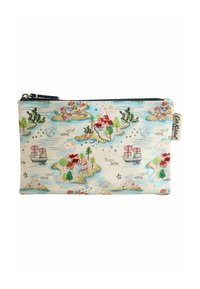 Sacchetto con zip realizzato in tessuto con uno sfondo blu chiaro decorato da motivi colorati di isole e case, navi e dettagli di vegetazione.