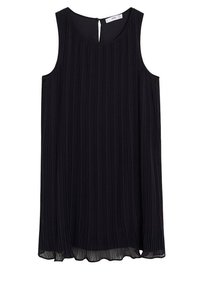 Robe noire sans manches avec des plis verticaux, un col rond et une petite fente dans le dos. Tissu léger avec une texture lisse.