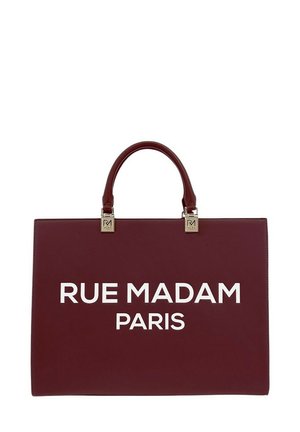 Borsa in pelle bordeaux con doppio manico, caratterizzata da un importante testo bianco "RUE MADAM PARIS" sul davanti e dettagli in oro.