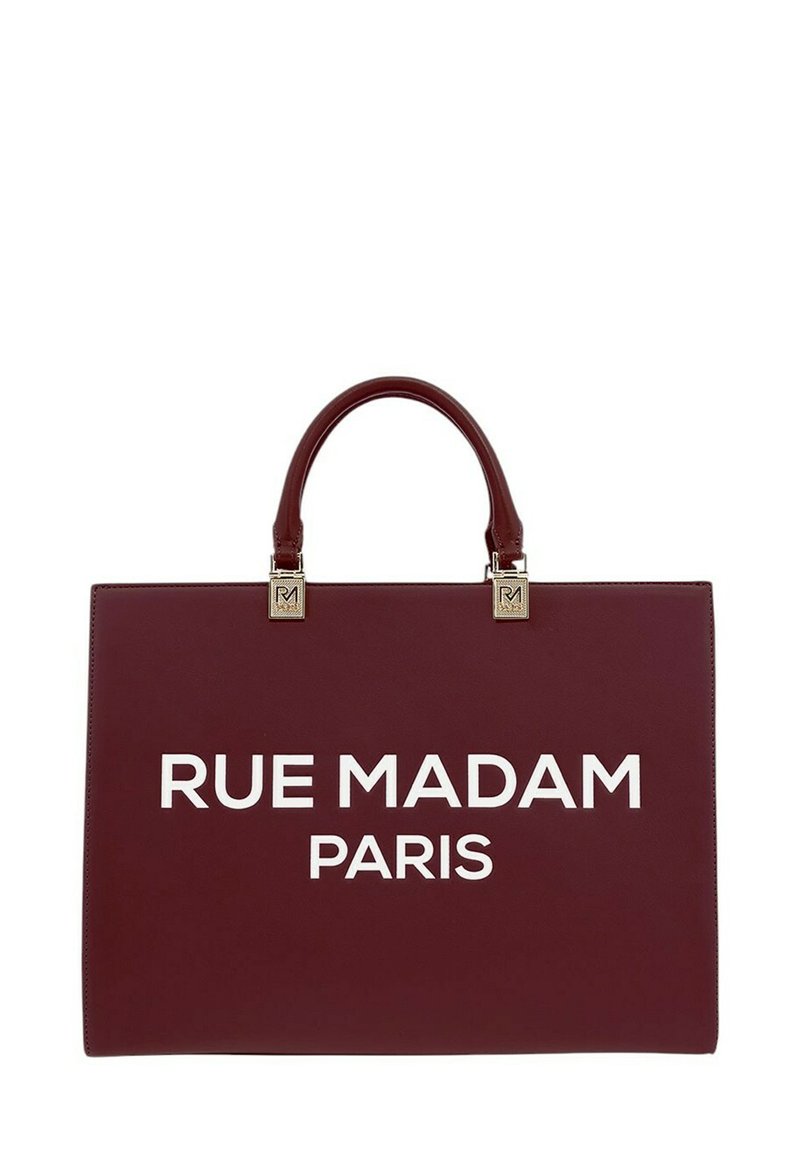 Borsa in pelle bordeaux con doppio manico, caratterizzata da un importante testo bianco "RUE MADAM PARIS" sul davanti e dettagli in oro.