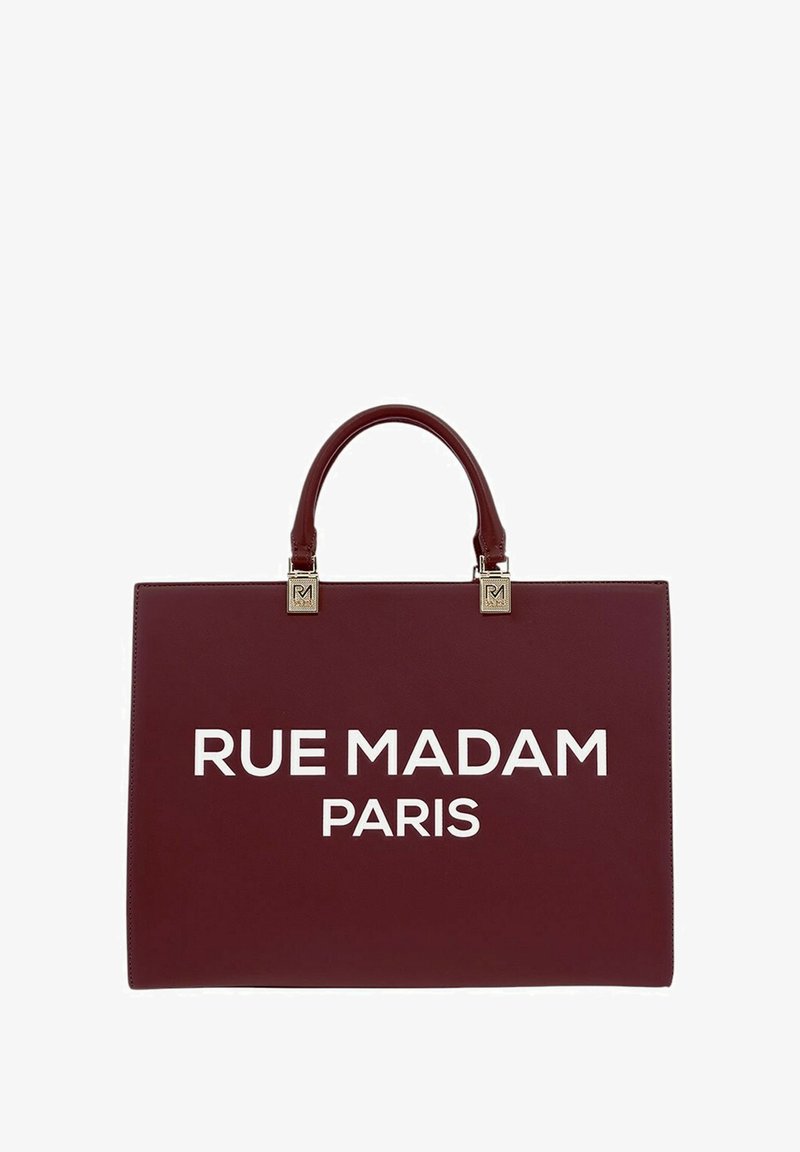 Borsa in pelle bordeaux con doppio manico, caratterizzata da un importante testo bianco "RUE MADAM PARIS" sul davanti e dettagli in oro.