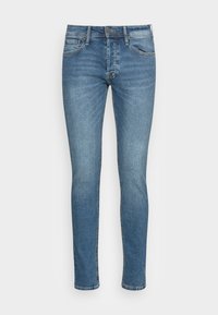Jeans din denim subțiri, de culoare albastră, cu un aspect decolorat, design cu cinci buzunare și cusături contrastante. Prezintă o închidere cu nasture și fermoar.
