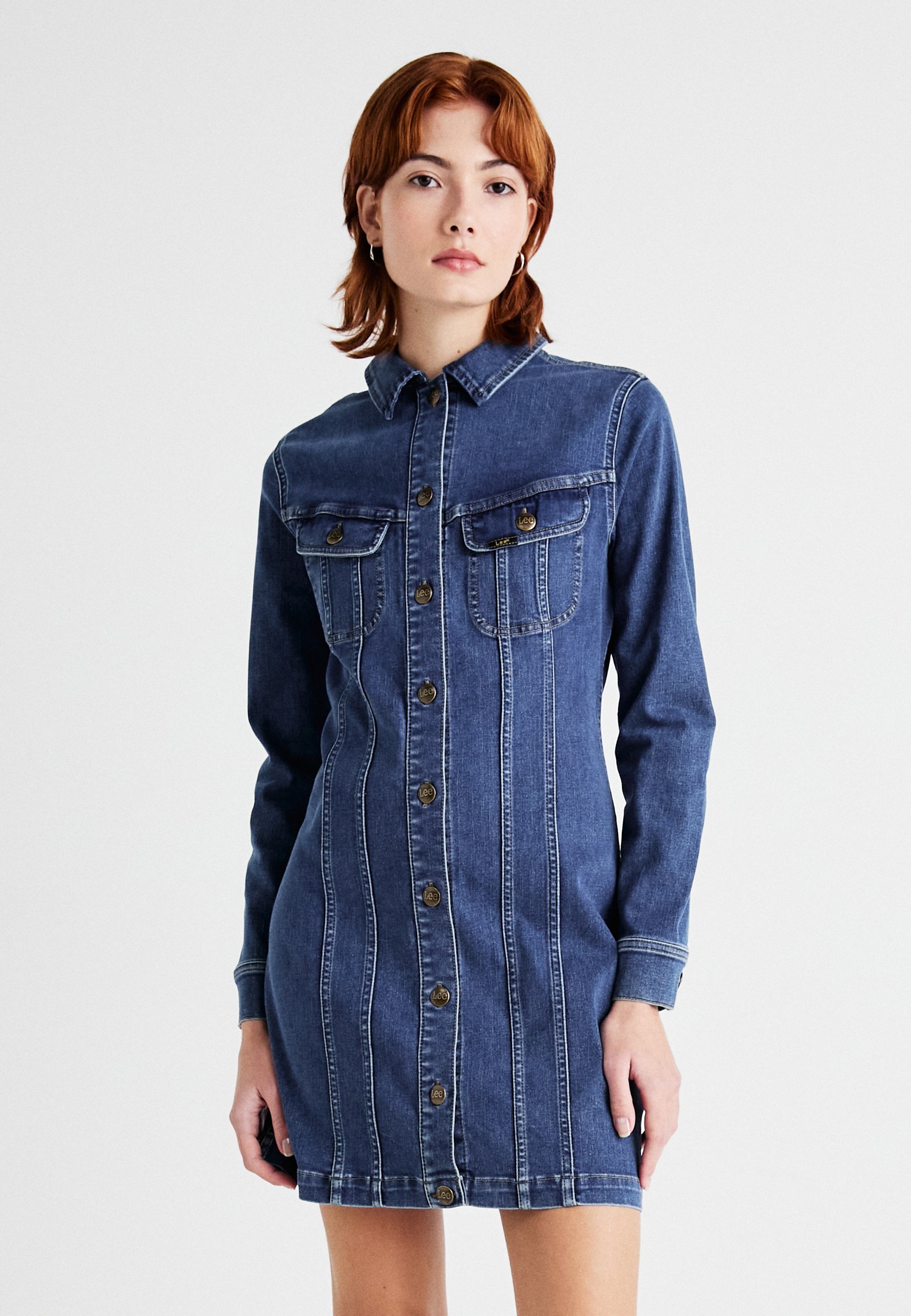 white christmas dresses Lee Western Dress Denim Check Shirt One-Piece Long Sleeve Western Shir