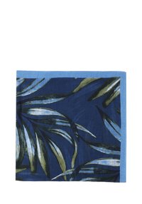 Sciarpa di cotone con una base blu scuro e motivi a foglia verde e azzurri. Rifinita con un bordo azzurro chiaro, dal tocco morbido.