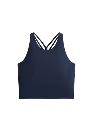 Navy blue cropped tank top with double thin shoulder straps forming a V shape at the back, on a white background.