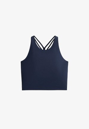 Navy blue cropped tank top with double thin shoulder straps forming a V shape at the back, on a white background.