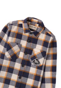 Geruite flanellen overhemd in marineblauw, wit en oranje. Kenmerken zijn een knoopsluiting kraag, twee borstzakken en een logo patch.