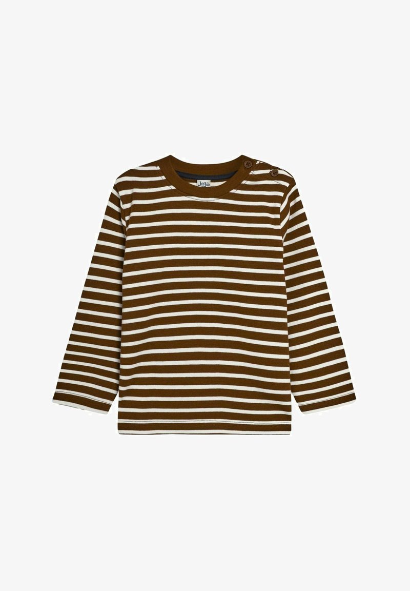 Ilgiem piedurkņu svītrains krekls ar brūnu pamatni un baltām horizontālām svītrām, ar apaļu kakla izgriezumu un diviem pogu akcentiem plecos.