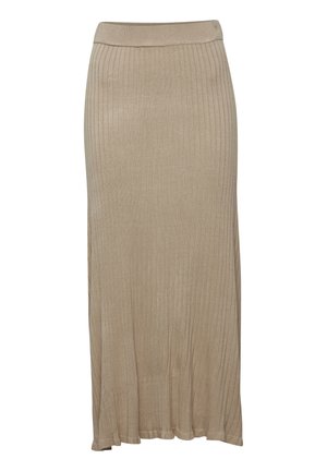 Beige ribbed knit midi skirt with a fitted waistband, slight flare at hem, and soft texture. Suitable for casual or semi-formal wear.