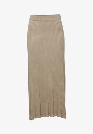 Beige ribbed knit midi skirt with a fitted waistband, slight flare at hem, and soft texture. Suitable for casual or semi-formal wear.