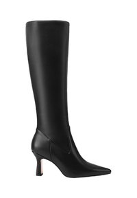 Stivale in pelle nera alto fino al ginocchio con punta affilata e tacco basso. Presenta una superficie liscia e un design minimalista con accenti a contrasto.