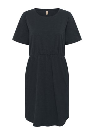 Črna kratka obleka s kratkimi rokavi in okroglim izrezom, z nabranim pasom in ohlapnim krojem, izdelana iz lahkotne bombažne tkanine z mehkimi vlakni.