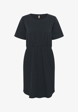 Črna kratka obleka s kratkimi rokavi in okroglim izrezom, z nabranim pasom in ohlapnim krojem, izdelana iz lahkotne bombažne tkanine z mehkimi vlakni.